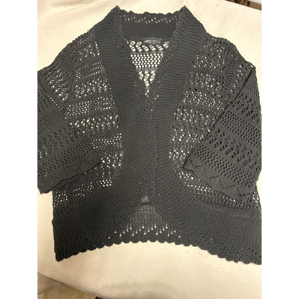 Y2K Yarn Arts Black Open Knit Pointelle Scalloped Cardigan Shrug 3/4 SM Black